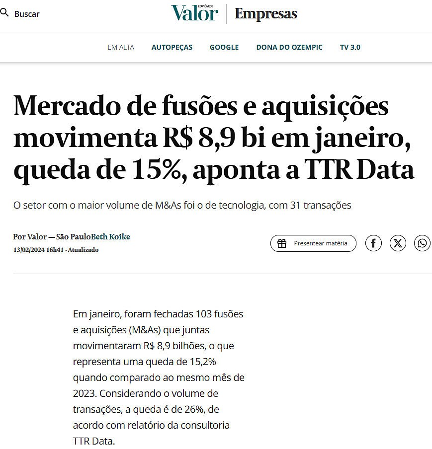 Mercado de fuses e aquisies movimenta R$ 8,9 bi em janeiro, queda de 15%, aponta a TTR Data